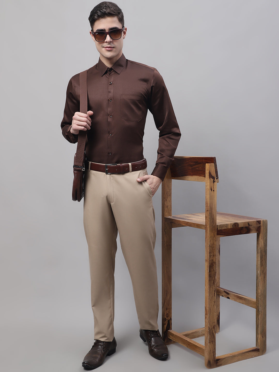 Jainish Men's Beige Tapered Fit Formal Trousers | Grocsy