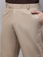 Jainish Men's Beige Tapered Fit Formal Trousers | Grocsy