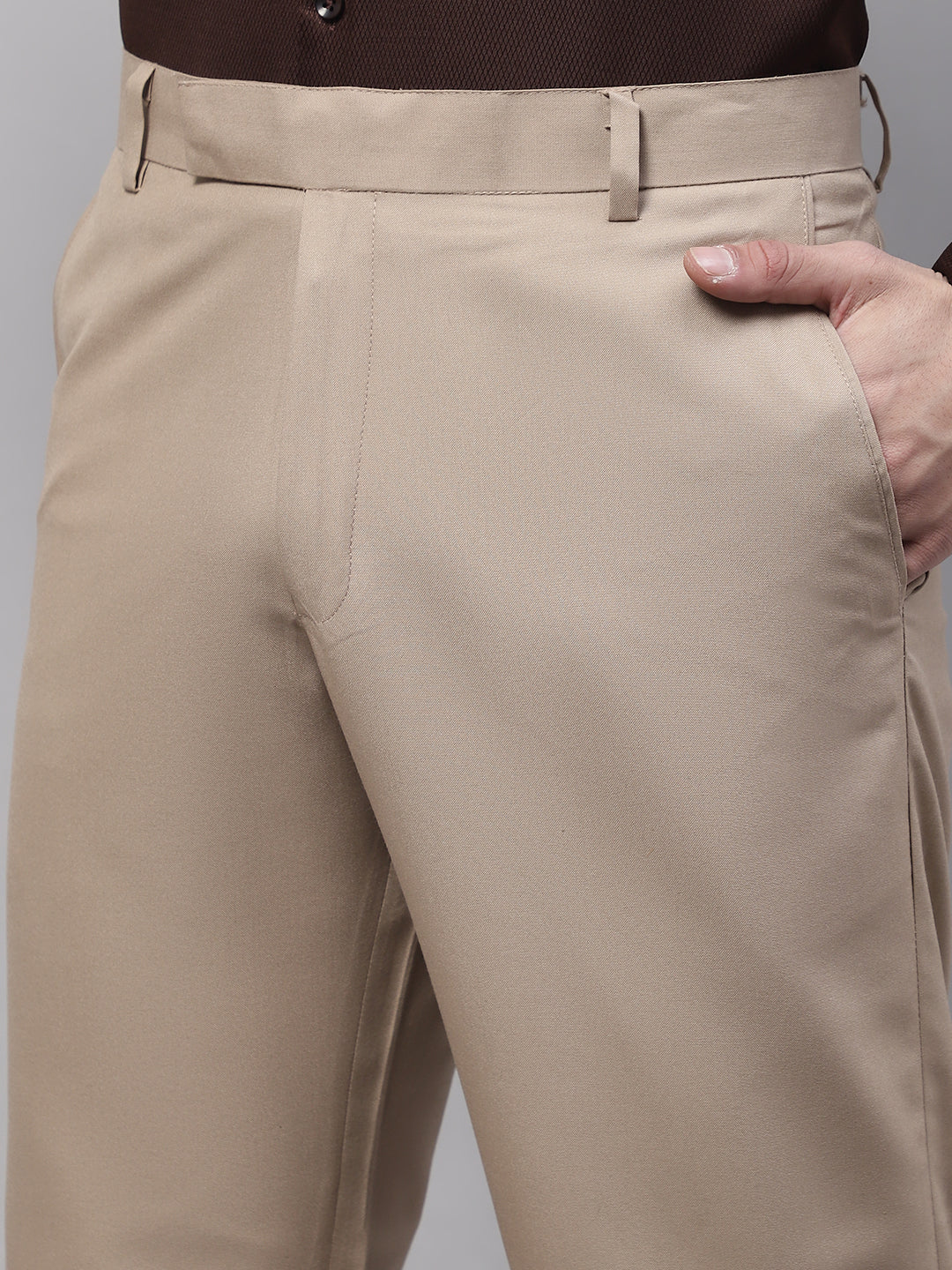Jainish Men's Beige Tapered Fit Formal Trousers | Grocsy