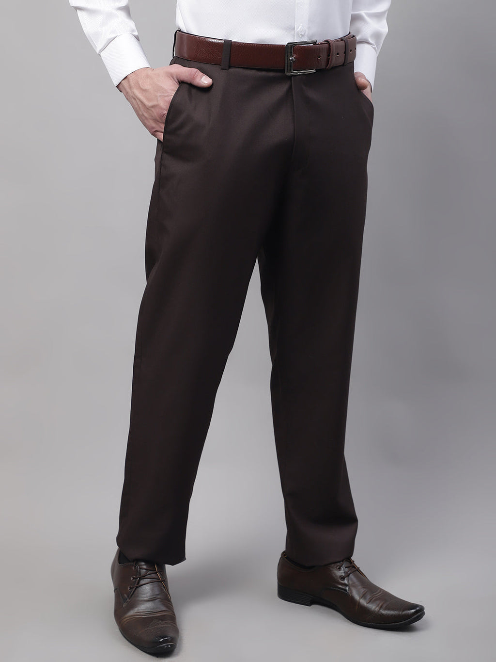 Jainish Men's Coffee Tapered Fit Formal Trousers | Grocsy