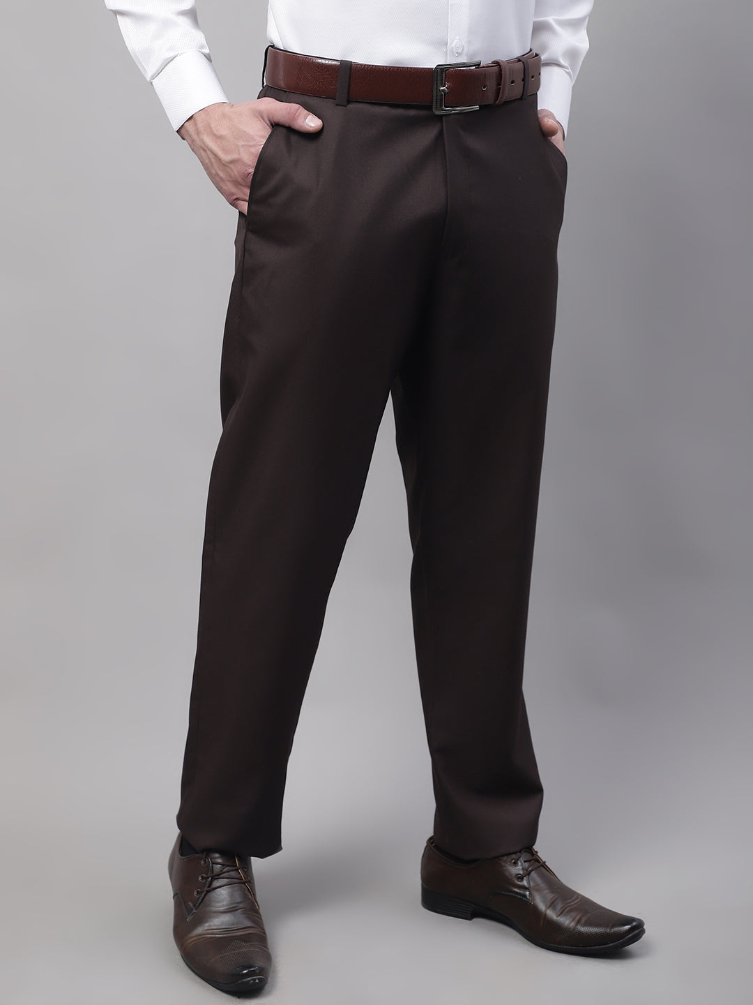 Jainish Men's Coffee Tapered Fit Formal Trousers | Grocsy