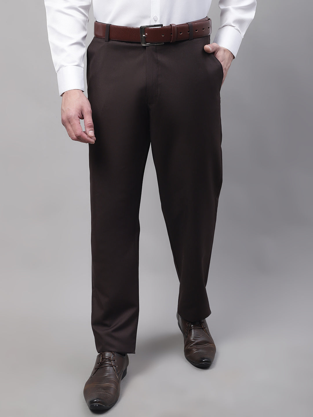 Jainish Men's Coffee Tapered Fit Formal Trousers | Grocsy