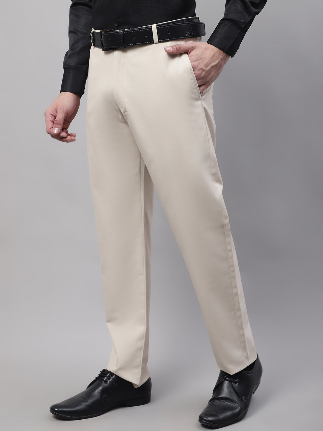 Jainish Men's Cream Tapered Fit Formal Trousers | Grocsy