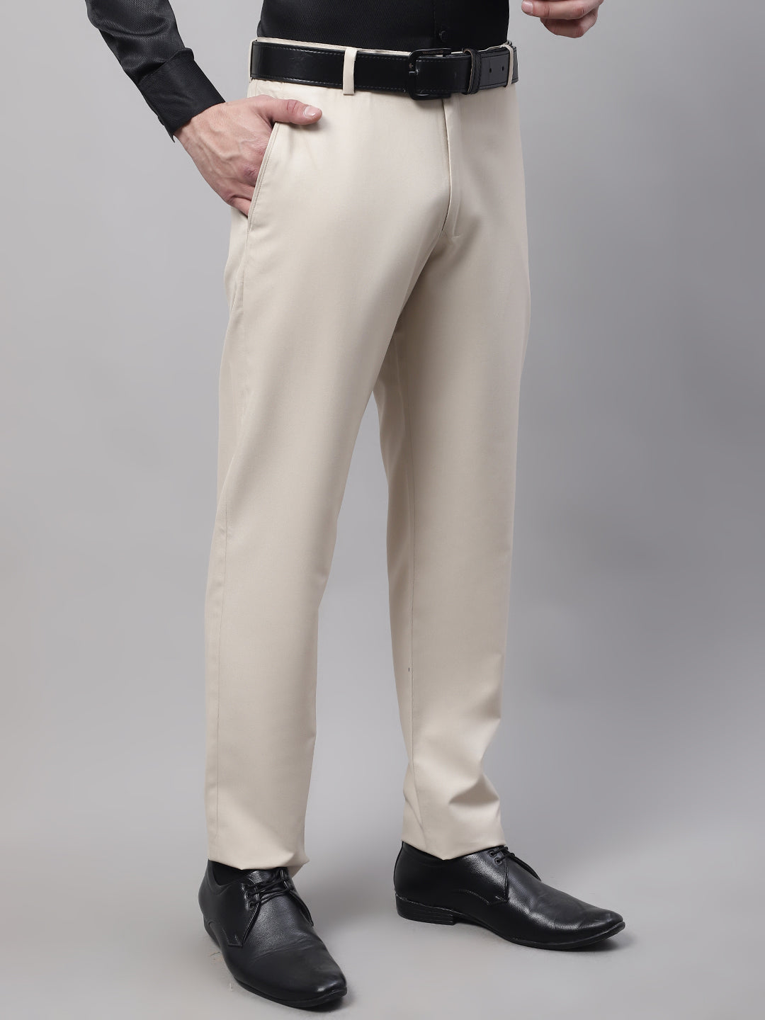 Jainish Men's Cream Tapered Fit Formal Trousers | Grocsy