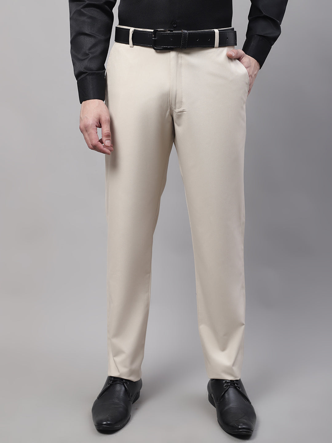 Jainish Men's Cream Tapered Fit Formal Trousers | Grocsy