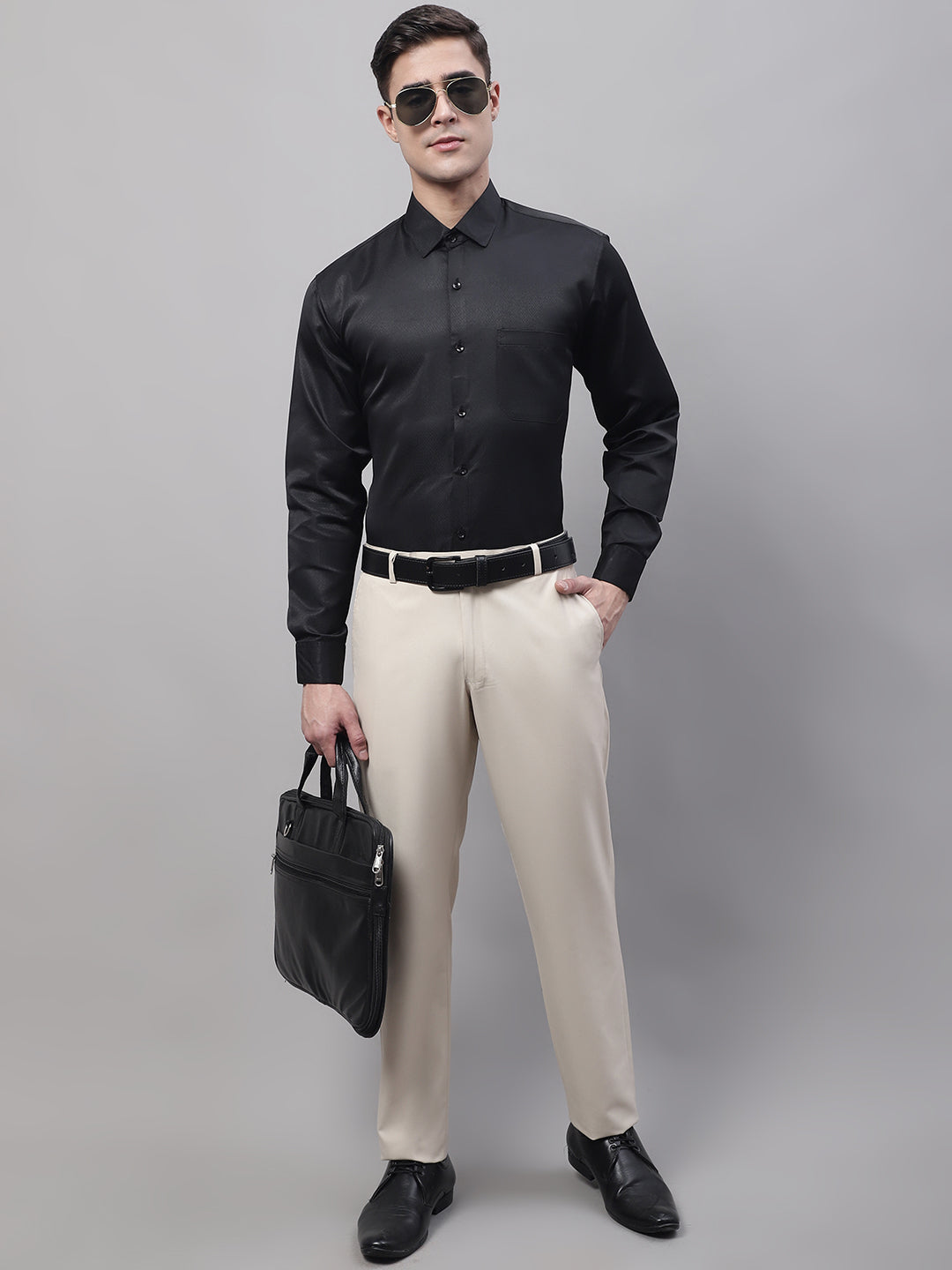 Jainish Men's Cream Tapered Fit Formal Trousers | Grocsy