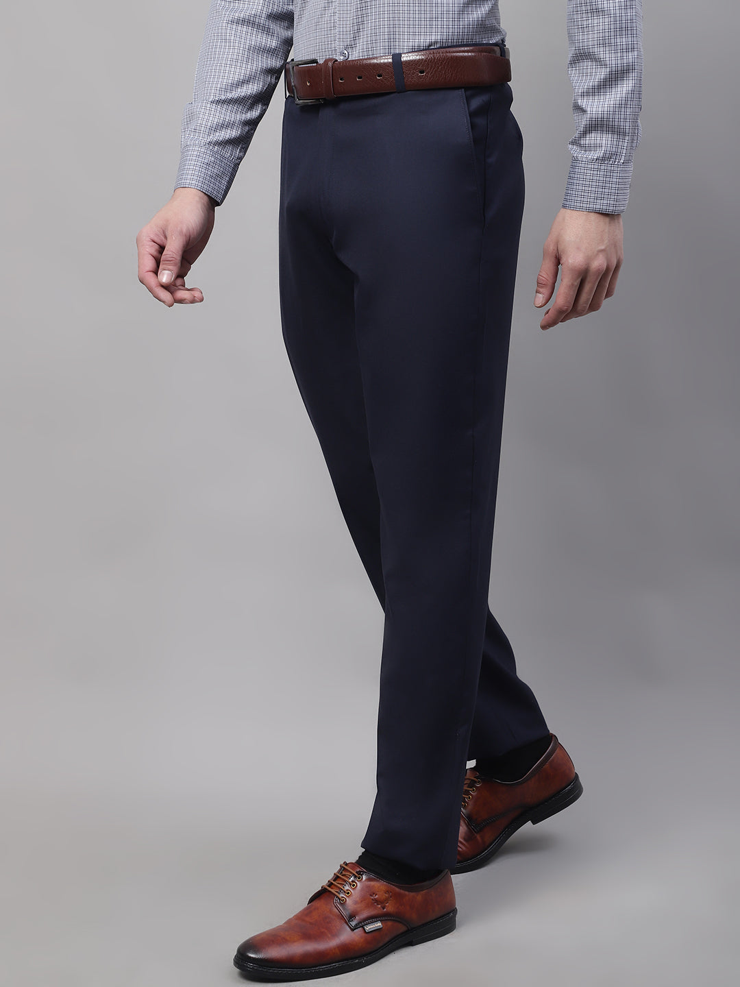 Jainish Men's Navy Tapered Fit Formal Trousers | Grocsy