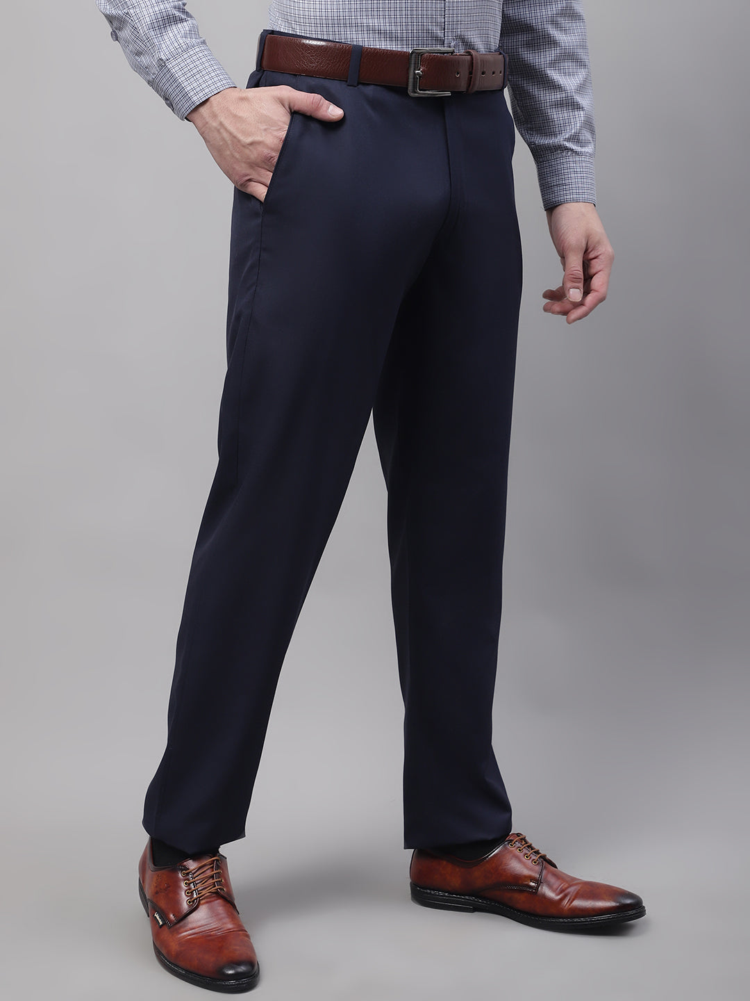 Jainish Men's Navy Tapered Fit Formal Trousers | Grocsy