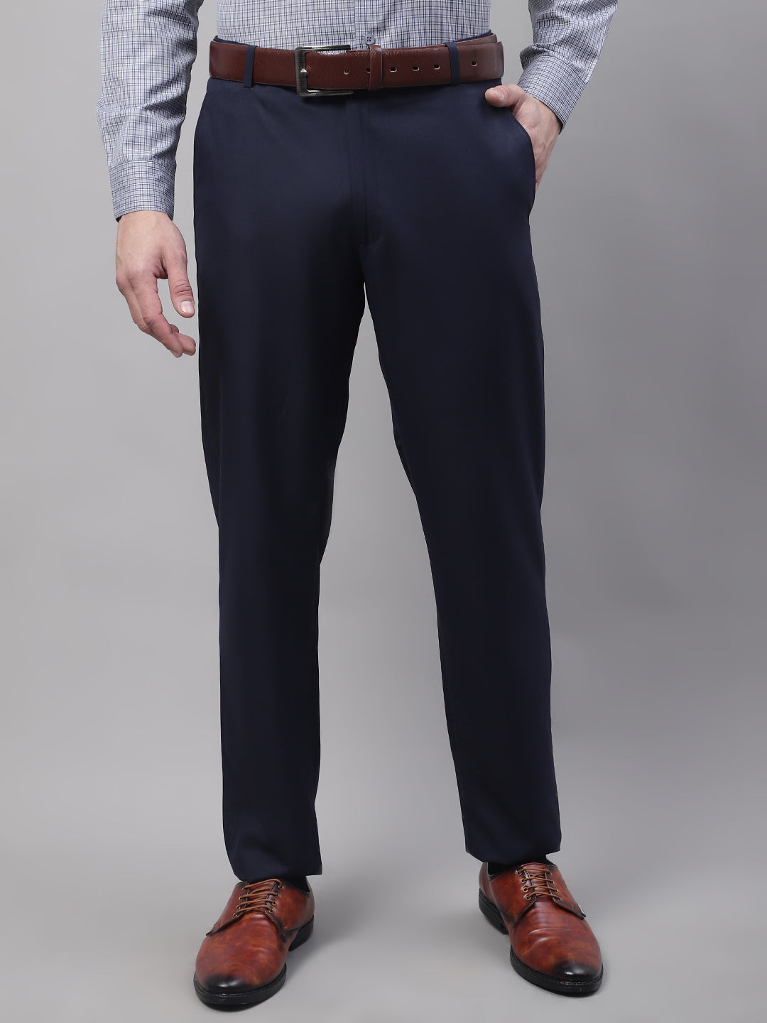 Jainish Men's Navy Tapered Fit Formal Trousers | Grocsy