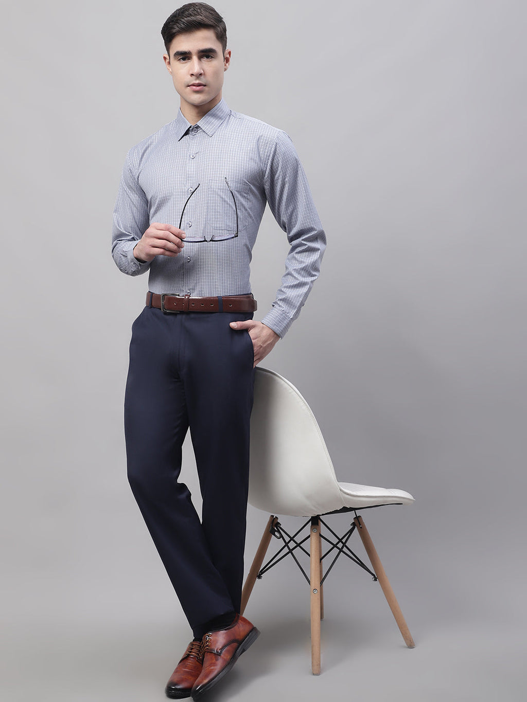 Jainish Men's Navy Tapered Fit Formal Trousers | Grocsy