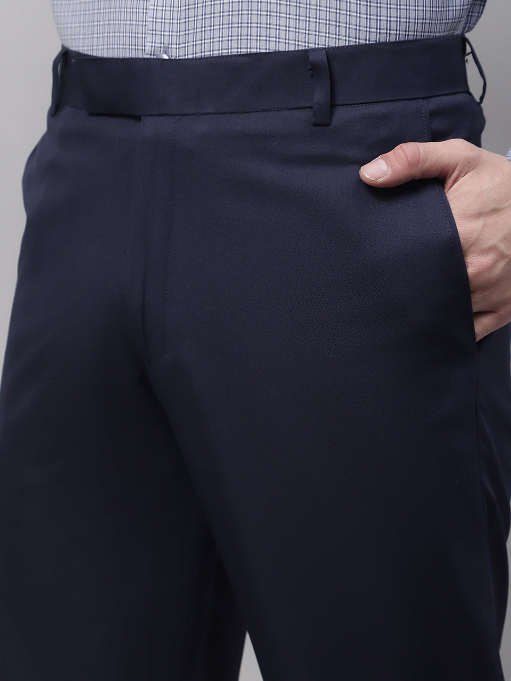 Jainish Men's Navy Tapered Fit Formal Trousers | Grocsy