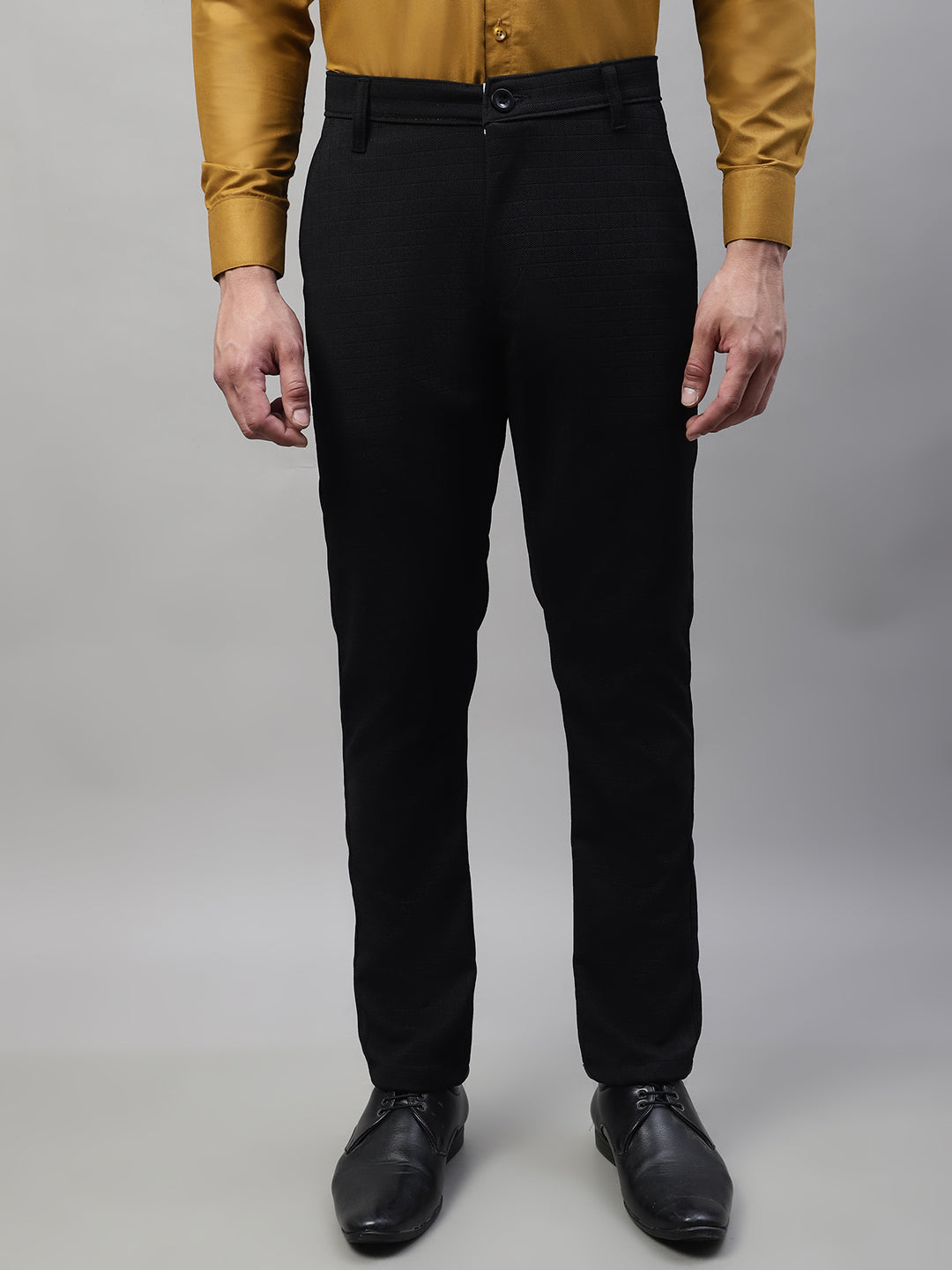 Jainish Men's Black Tapered Fit Formal Trousers | Grocsy