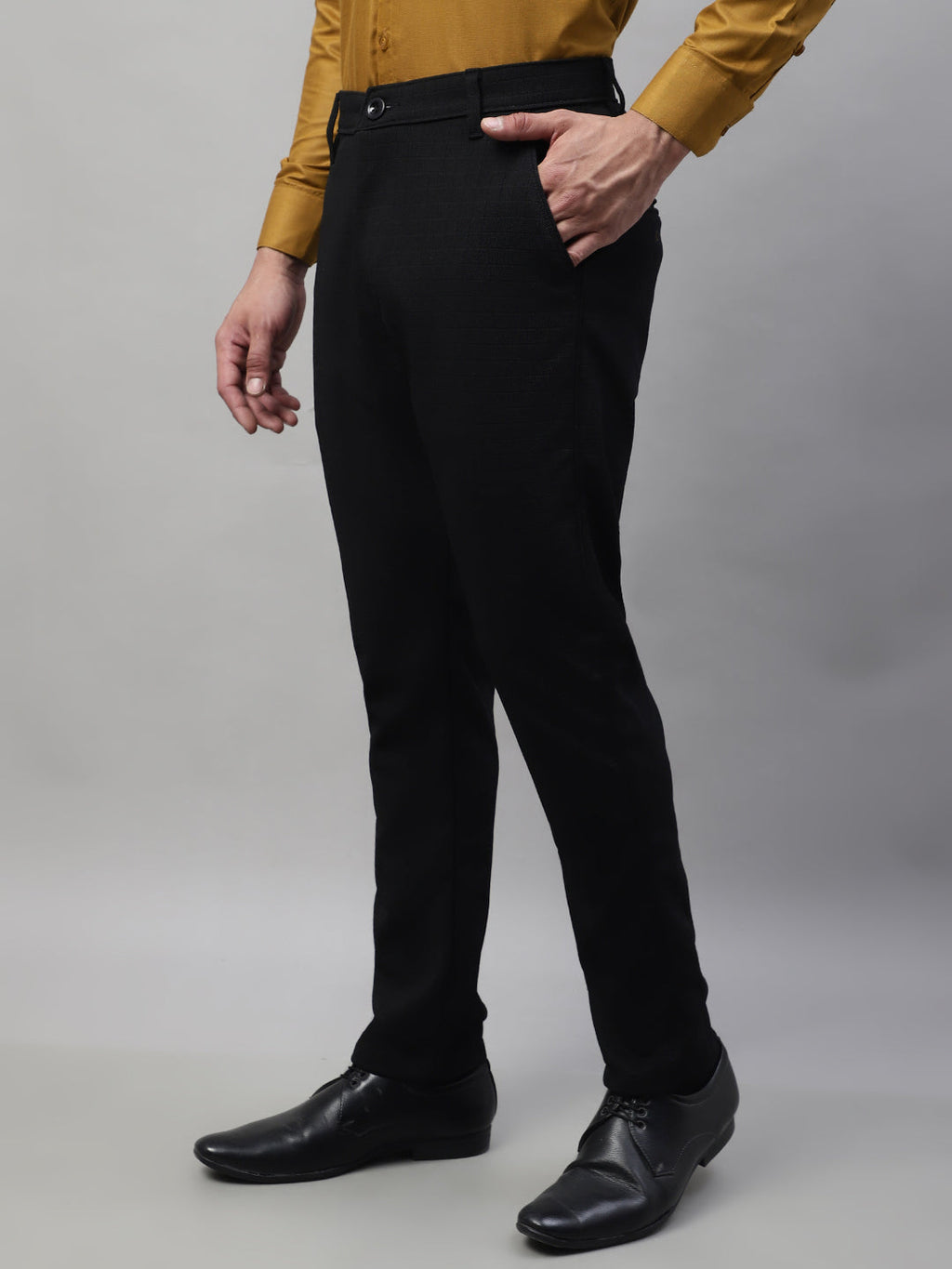 Jainish Men's Black Tapered Fit Formal Trousers | Grocsy