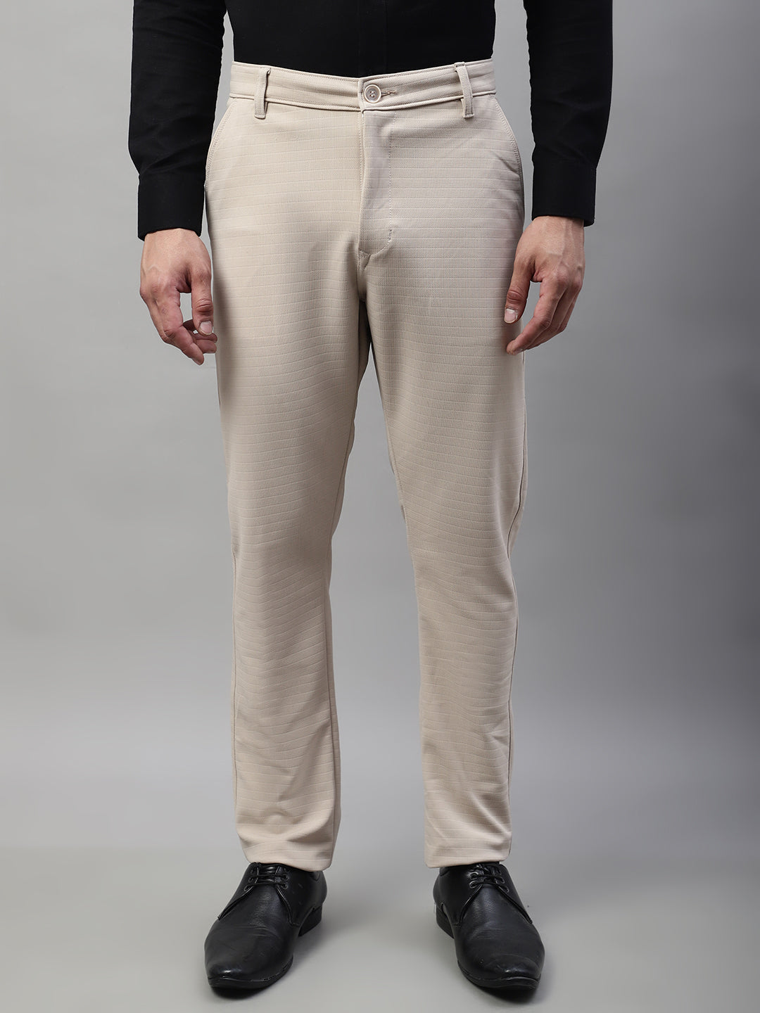 Jainish Men's Cream Tapered Fit Formal Trousers | Grocsy