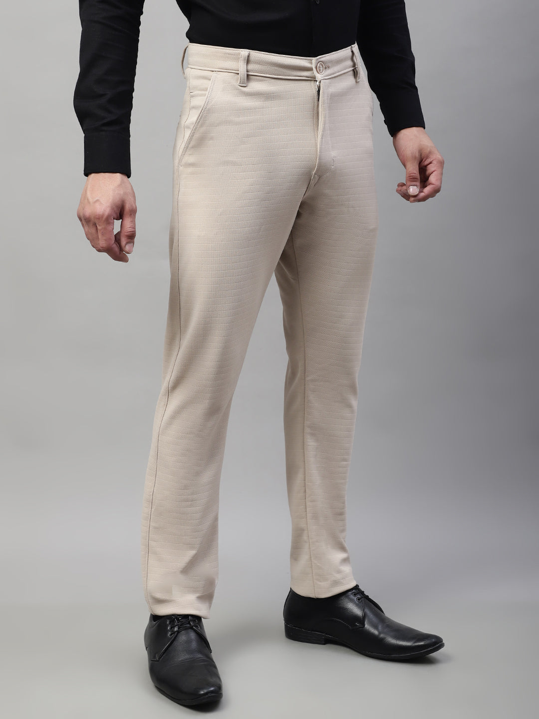 Jainish Men's Cream Tapered Fit Formal Trousers | Grocsy