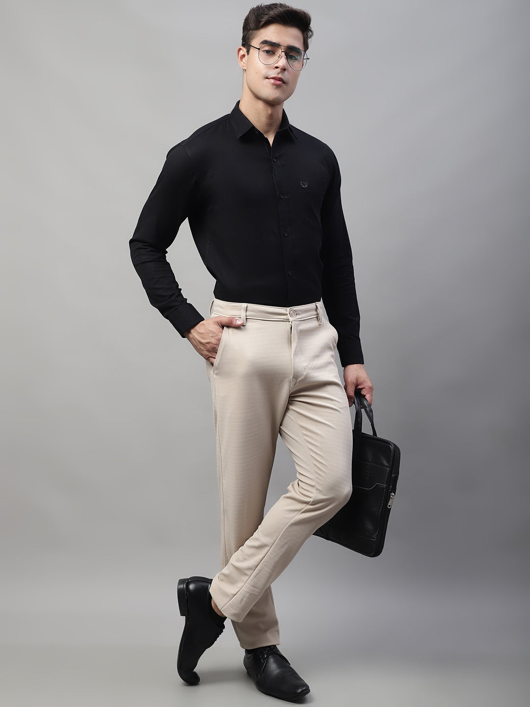 Jainish Men's Cream Tapered Fit Formal Trousers | Grocsy