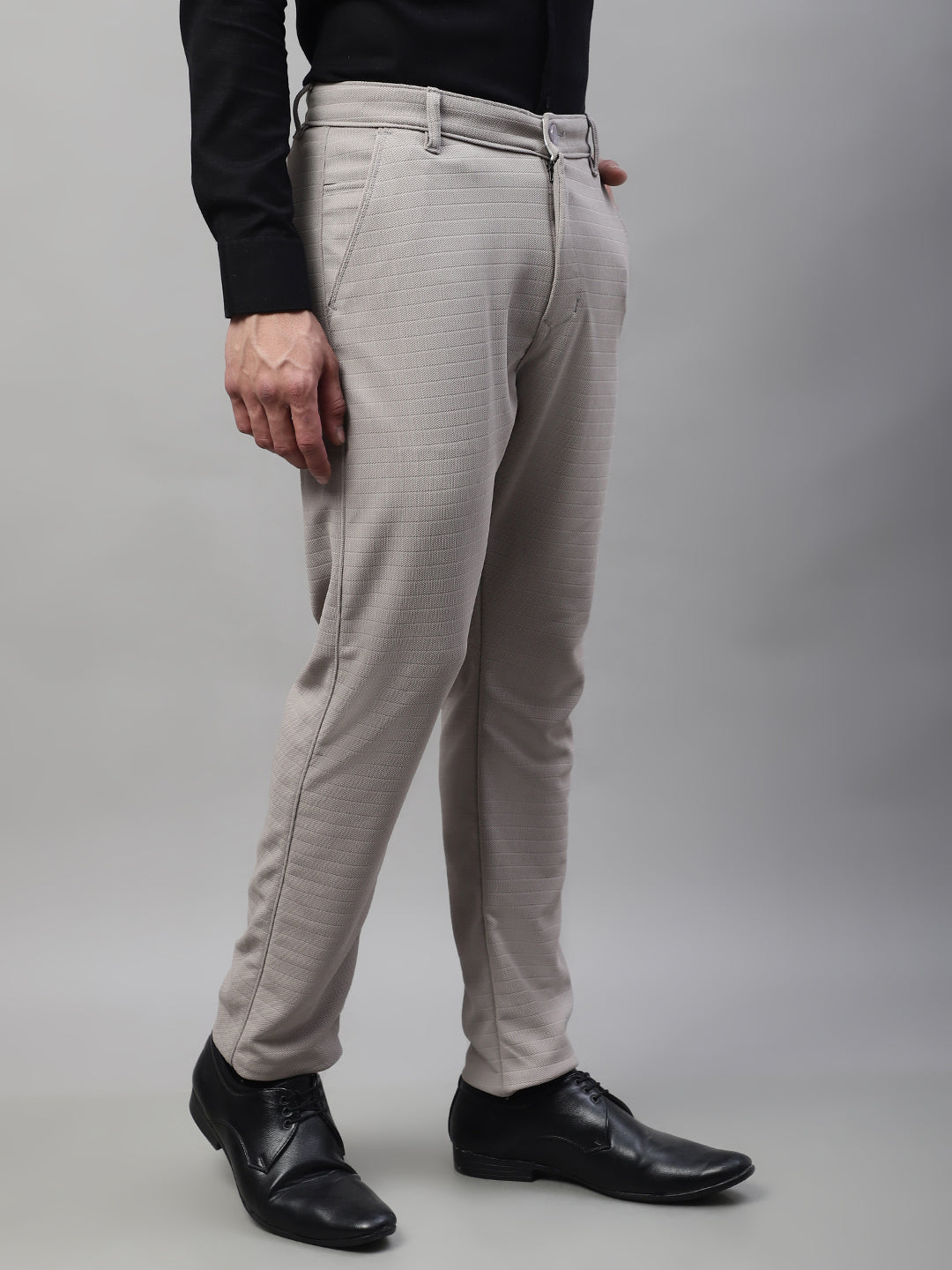 Jainish Men's Light Grey Tapered Fit Formal Trousers | Grocsy