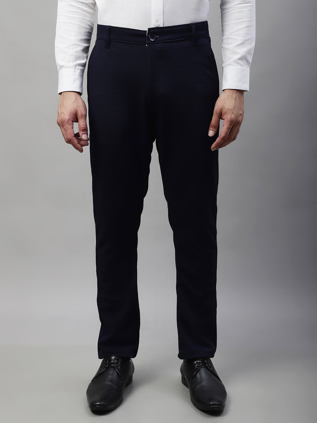 Jainish Men's Navy Blue Tapered Fit Formal Trousers | Grocsy