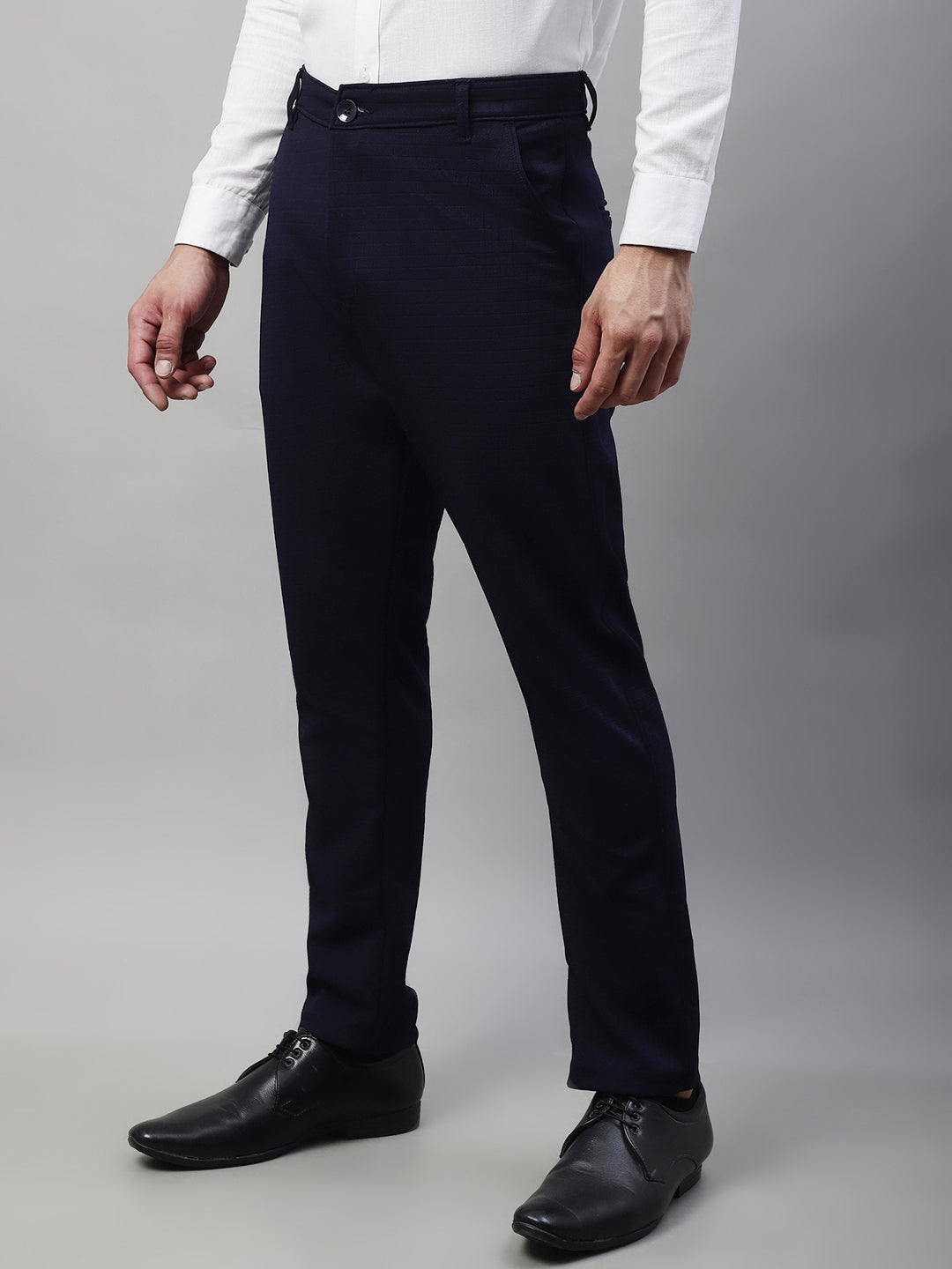 Jainish Men's Navy Blue Tapered Fit Formal Trousers | Grocsy