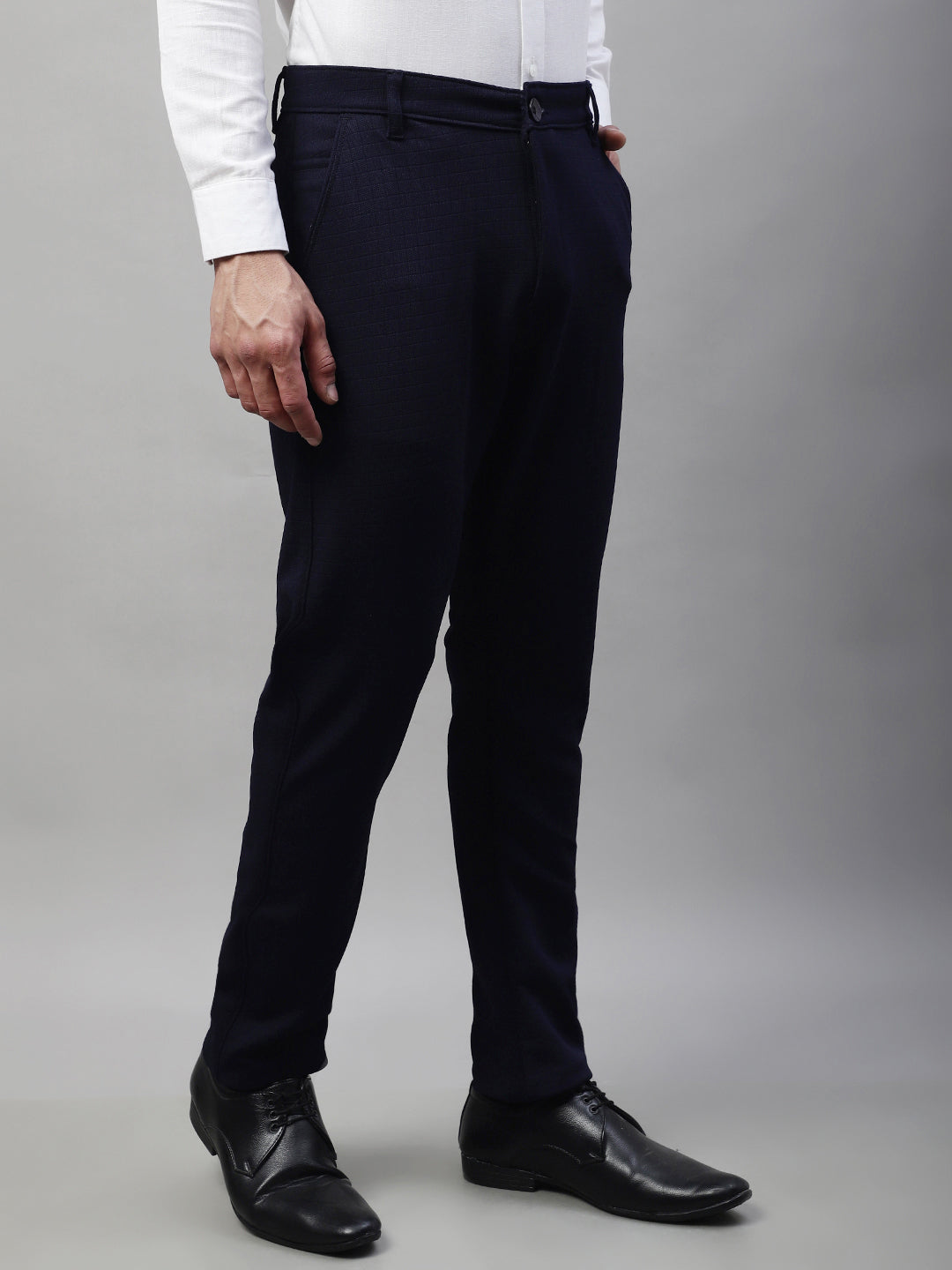 Jainish Men's Navy Blue Tapered Fit Formal Trousers | Grocsy