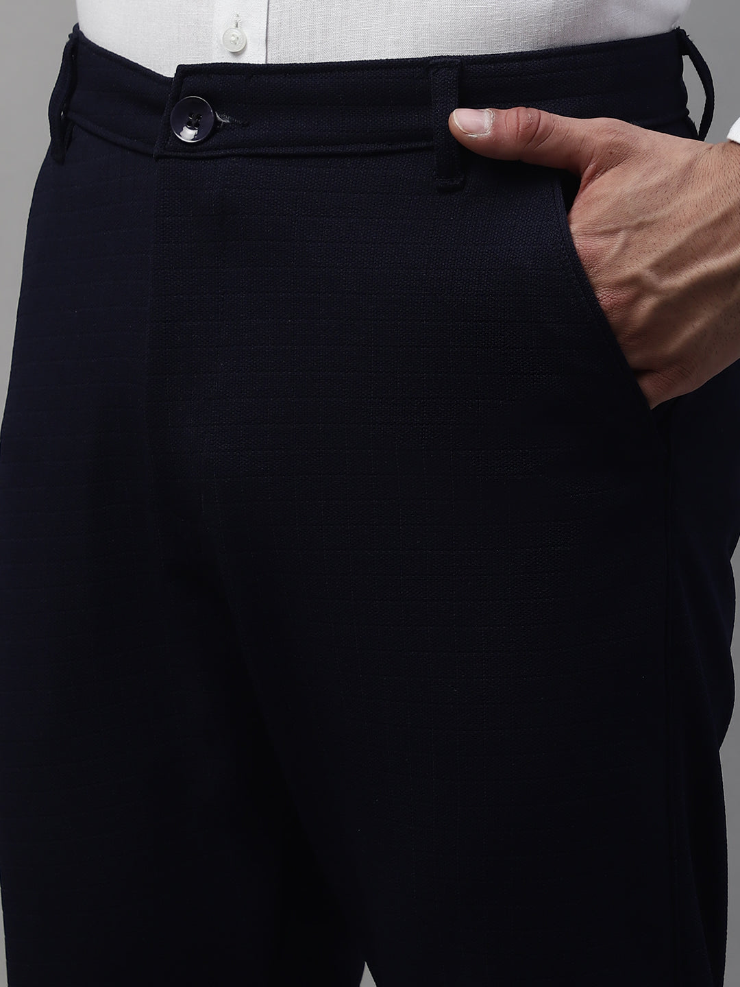 Jainish Men's Navy Blue Tapered Fit Formal Trousers | Grocsy