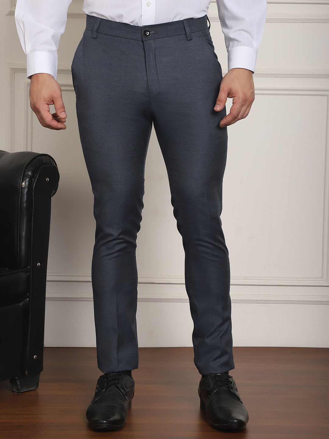 Indian Needle Men's Tapered Fit Solid Trousers - Charcoal | Grocsy
