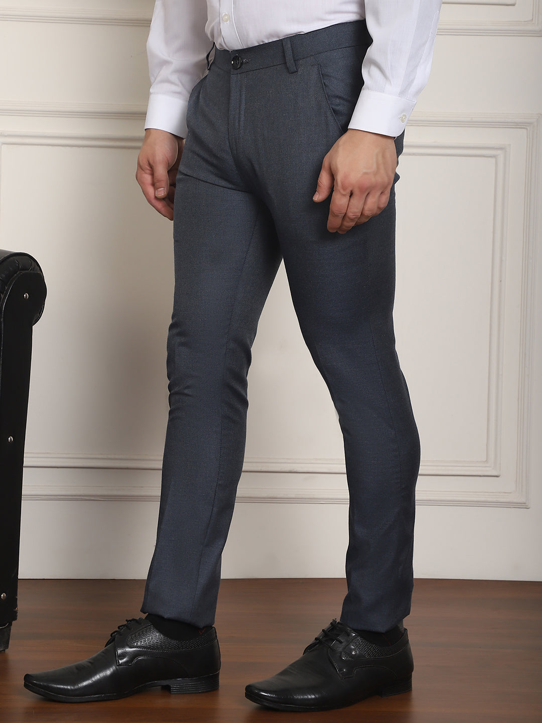 Indian Needle Men's Tapered Fit Solid Trousers - Charcoal | Grocsy