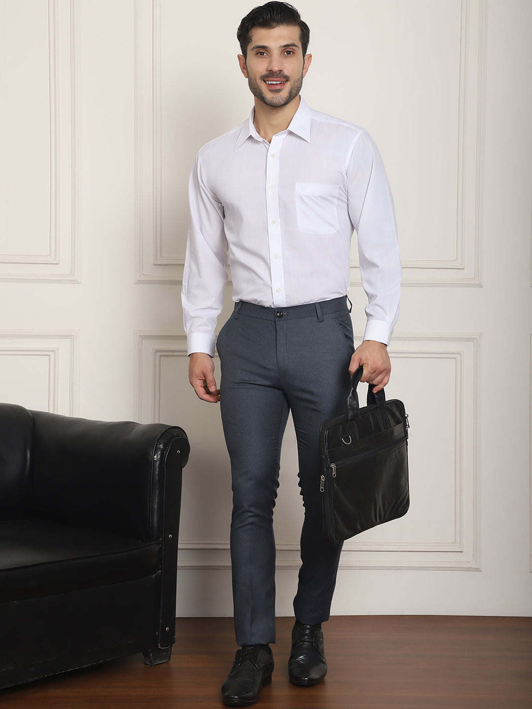 Indian Needle Men's Tapered Fit Solid Trousers - Charcoal | Grocsy