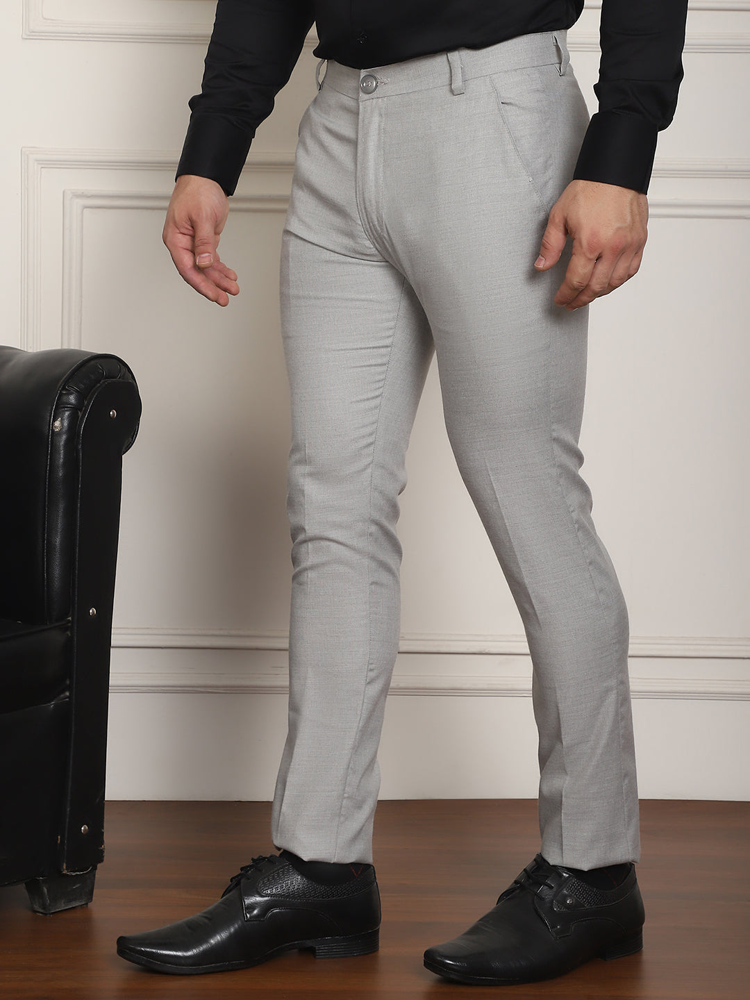 Indian Needle Men's Tapered Fit Solid Trousers - Light-Grey | Grocsy