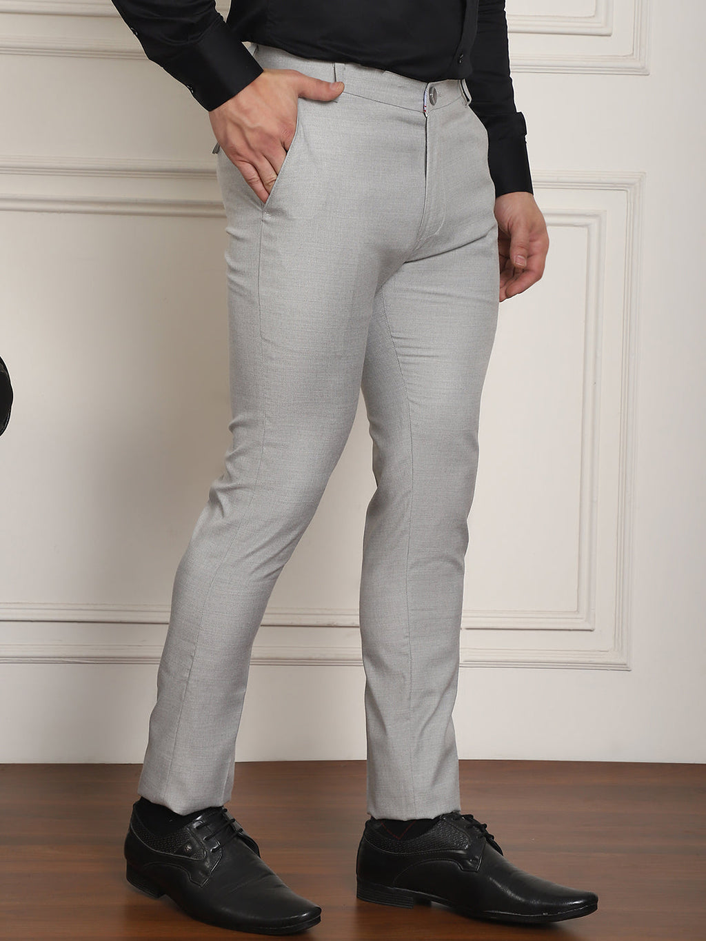 Indian Needle Men's Tapered Fit Solid Trousers - Light-Grey | Grocsy
