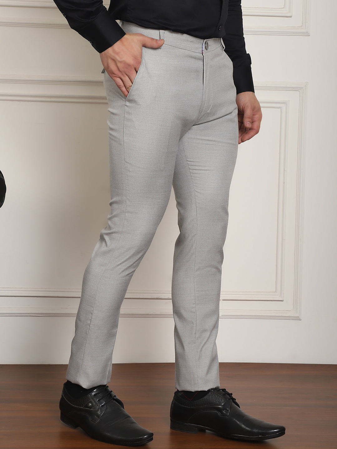 Indian Needle Men's Tapered Fit Solid Trousers - Light-Grey | Grocsy