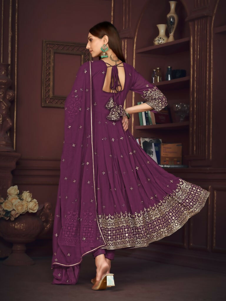 Jyoti Fashion Women's Purple Georgette Embroidered Anarkali Kurta Pant Set With Dupatta | Grocsy