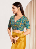 Joban Fashion Fire Blue Viscose Rayon Padded Blouse With V Neck Elbow Sleeves | Grocsy