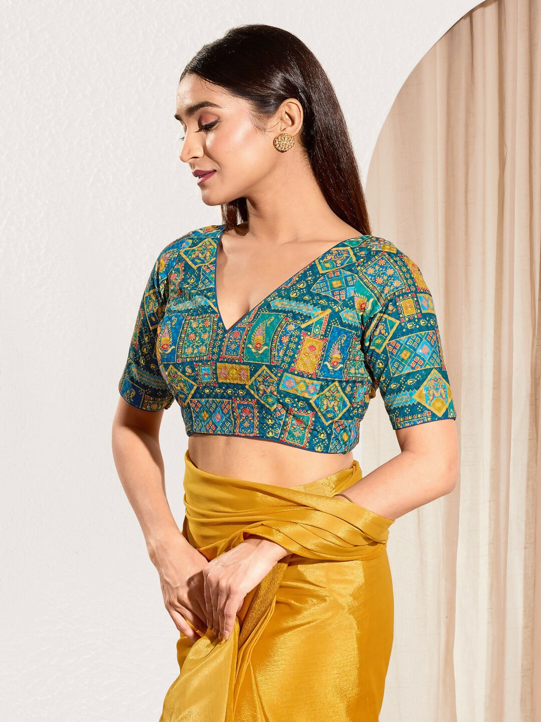Joban Fashion Fire Blue Viscose Rayon Padded Blouse With V Neck Elbow Sleeves | Grocsy