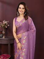 Ai Fashion Light Purple Soft Star Georgette Embroidery Party Wear Saree | Grocsy