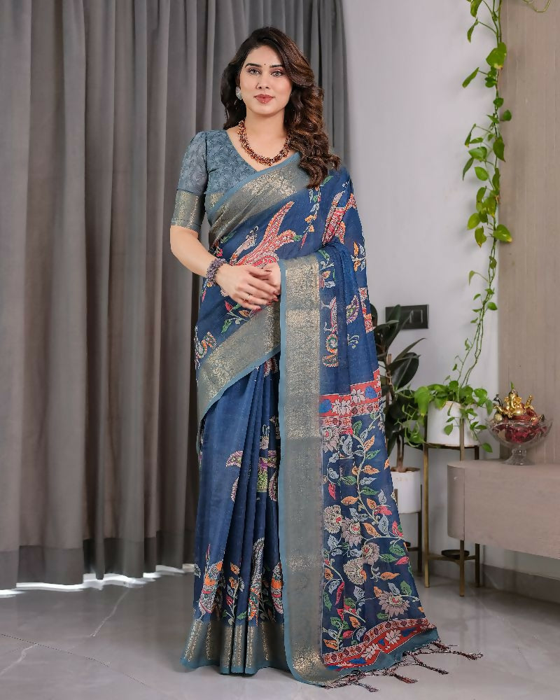 PR Fashion Blue Pure Handloom Linen Saree | Grocsy