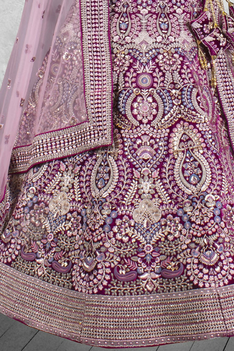 Lavendar & Wine Hand work Semi Stitched Lehenga Choli with Dupatta - Nimaya Lagnotsav | Grocsy