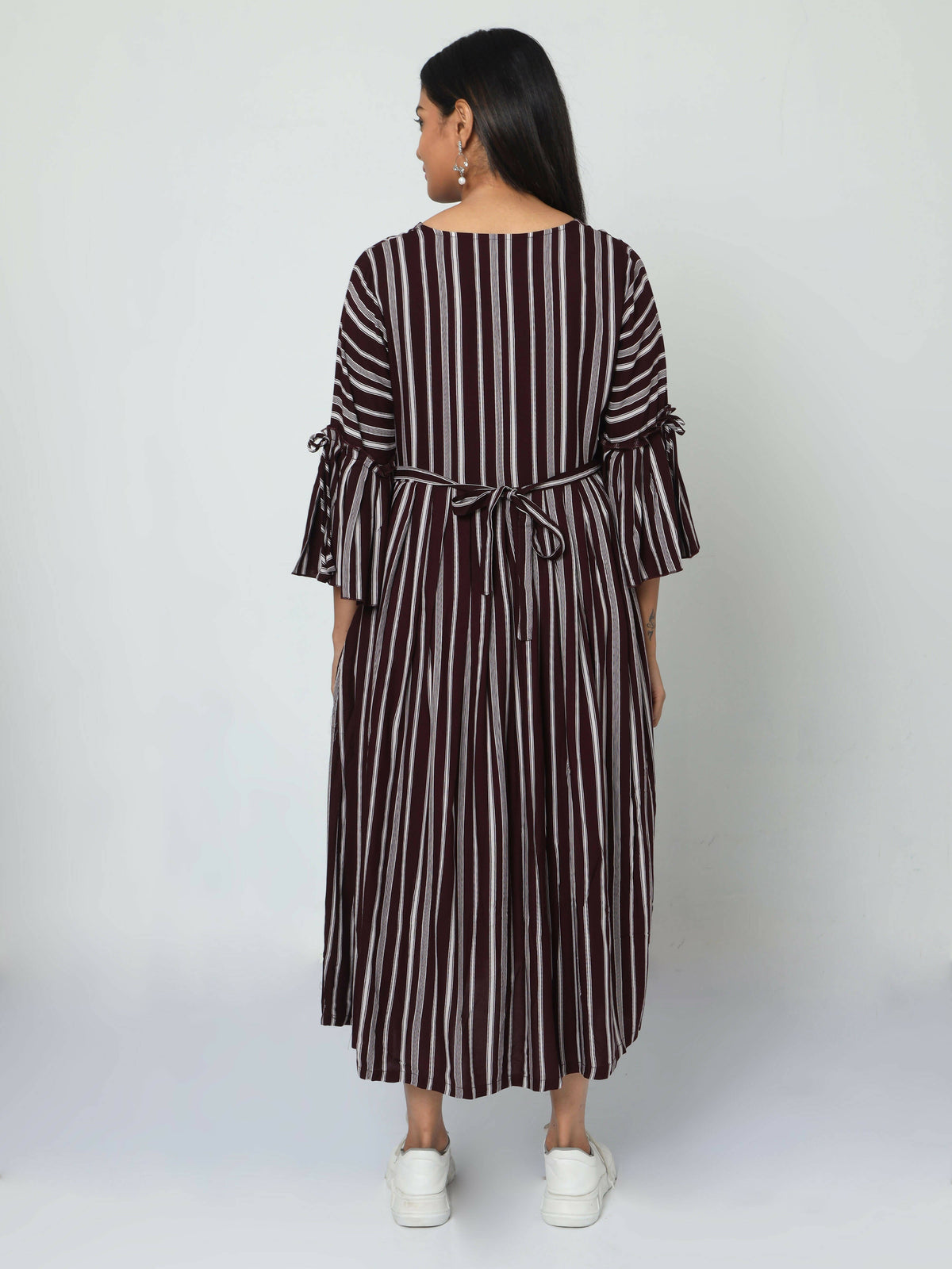 Manet Three Fourth Maternity Dress Striped With Concealed Zipper Nursing Access - Brown | Grocsy
