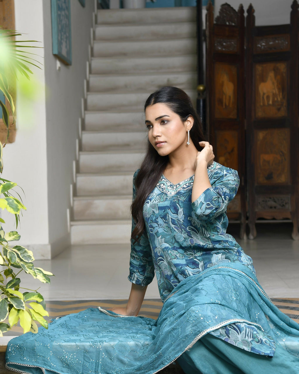 Vaasva Women's Teal Crepe Embroidered Suit Set | Grocsy