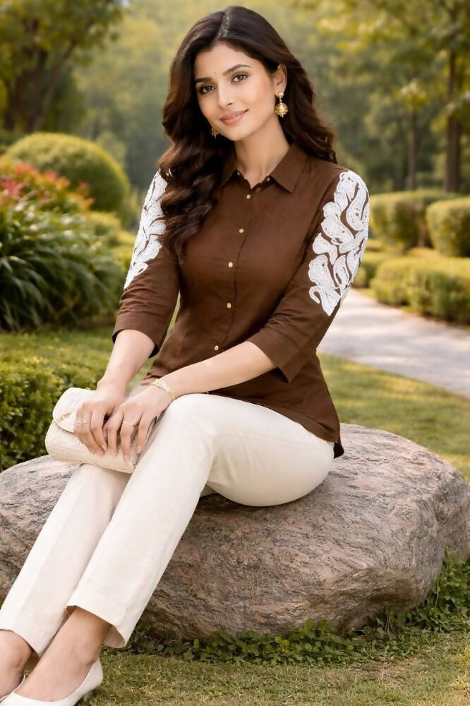Teeya Creation Women Trendy Brown Cotton Button-Down Top with White Contrast Embroidered Sleeves | Grocsy