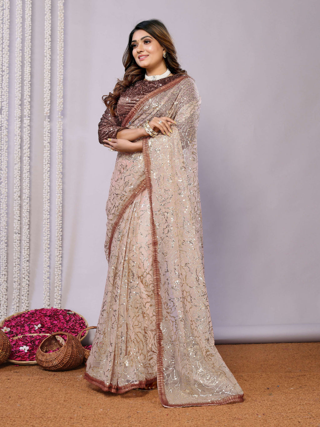 Brown Net Embroidered Saree With Stitched Blouse - Nimaya Kaksha | Grocsy