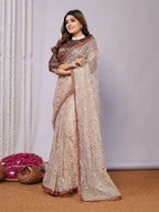 Brown Net Embroidered Saree With Stitched Blouse - Nimaya Kaksha | Grocsy