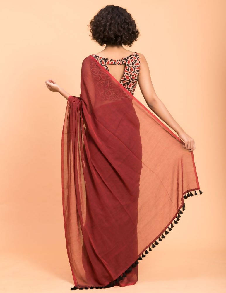 Suta Maroon Solid Cotton Blend Saree | Grocsy