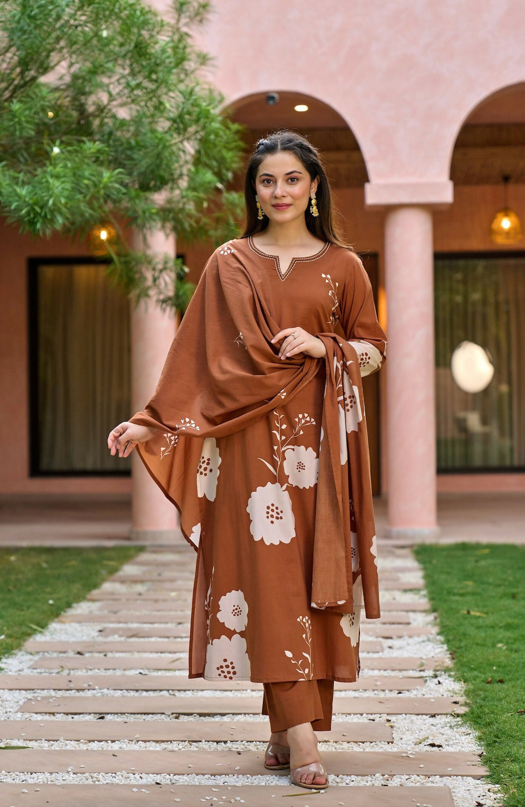 The52 Women's Gorgeous Printed Work Muslin Fabric Straight Kurta Pant and Dupatta Set-Brown | Grocsy