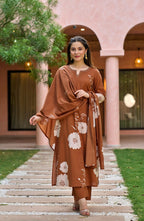 The52 Women's Gorgeous Printed Work Muslin Fabric Straight Kurta Pant and Dupatta Set-Brown | Grocsy