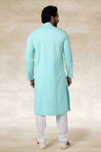 Raivat Ethnic Cotton Printed Work Kurta Pajama In Sky Blue Colour | Grocsy