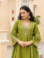 Juniper Women's The Swarn Mehndi Green Thread Embroidered Viscose Kurta Pant And Dupatta With Mirror & Zari work | Grocsy