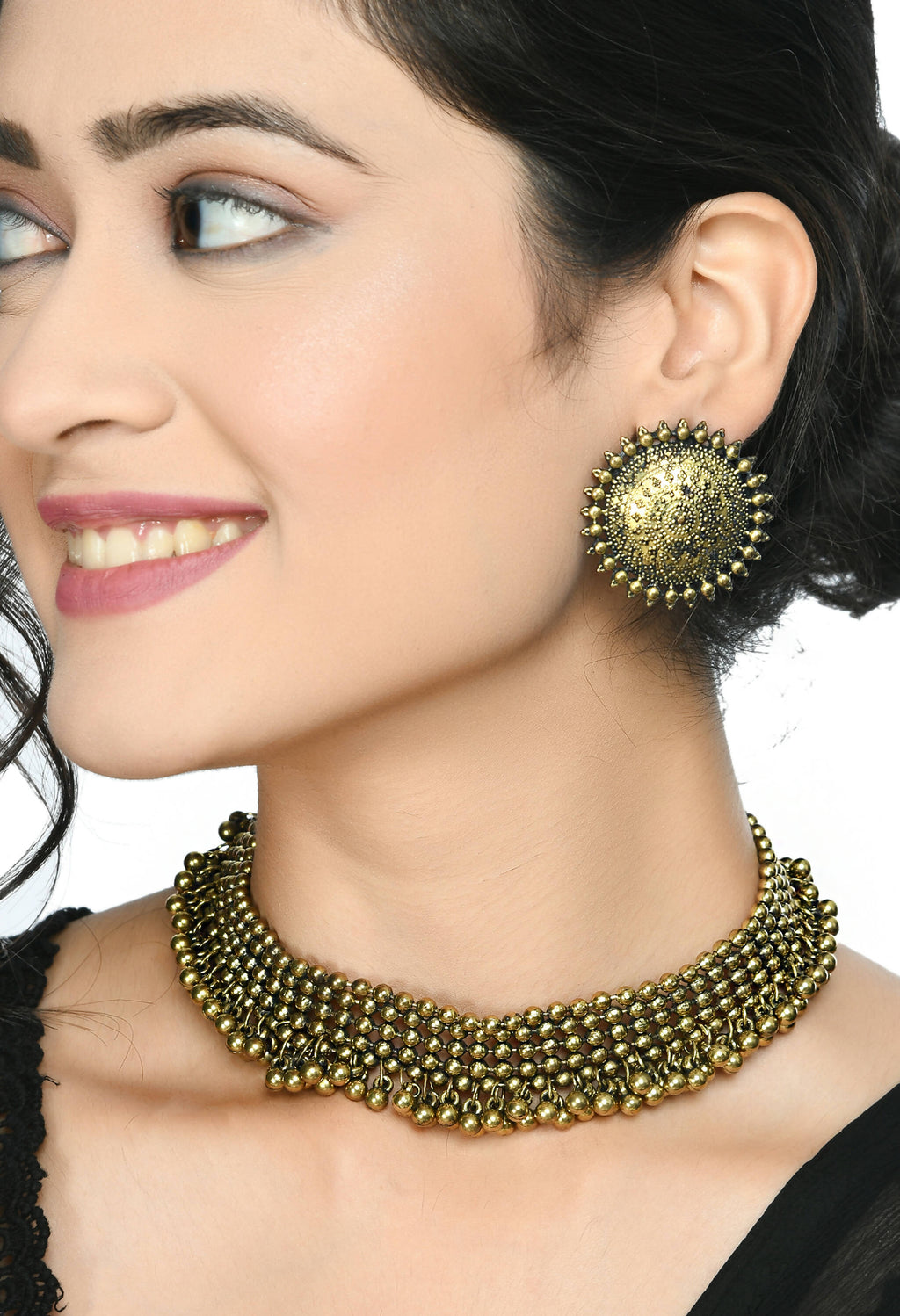 Mominos Fashion Johar Kamal Oxidised Gold-Polished Brass Finish Ghungroo Design Choker Set | Grocsy
