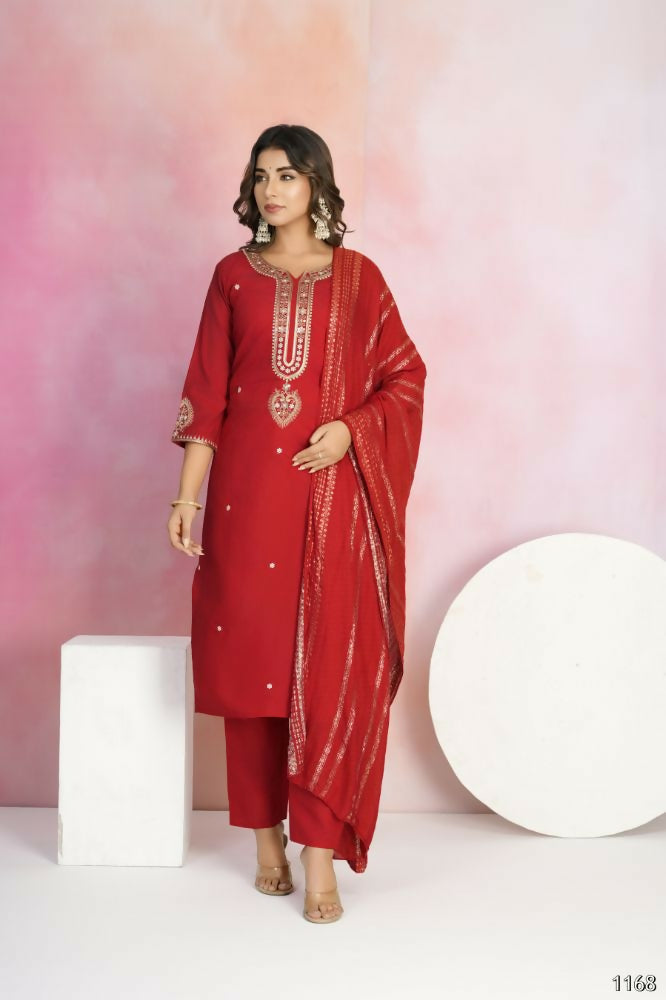 Ethnic Festive Wear Viscose Chanderi Red Stitched Suit With Dupatta - Tanisha | Grocsy