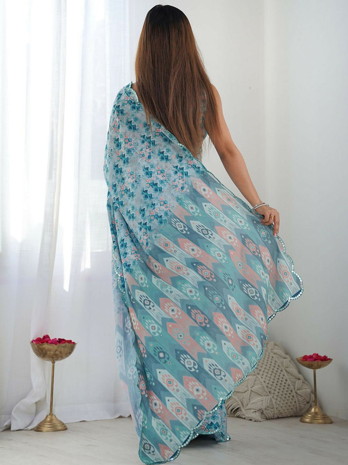Designer Partywear Georgette Morpich Blue Saree Fancy - Durga | Grocsy